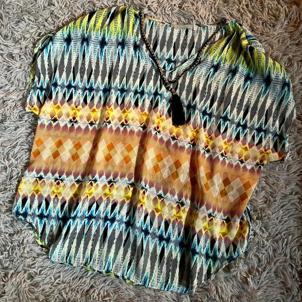 Boho Abstract multi-coloured Indie Whimsical Sheer Flowy‎ Necklace Blouse